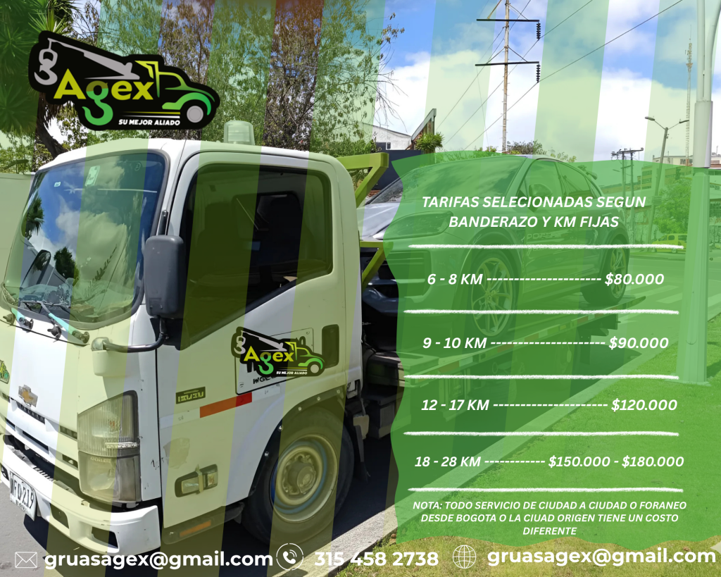grúa trasladando vehículo en Bogotá con tarifas accesibles, servicio de grúa en Bogotá económico y confiable, tarifas de grúa AGEX para autos en zona norte de Bogotá, asistencia vehicular rápida con grúa en Bogotá, servicio de grúa 24 horas en Bogotá a bajo costo, grúa transportando carro particular en la autopista norte, precios competitivos de grúa en Bogotá y alrededores, vehículo siendo remolcado por grúa segura en Bogotá, servicio profesional de grúa para emergencias viales en Bogotá, tarifas justas de grúa en Bogotá zona norte
